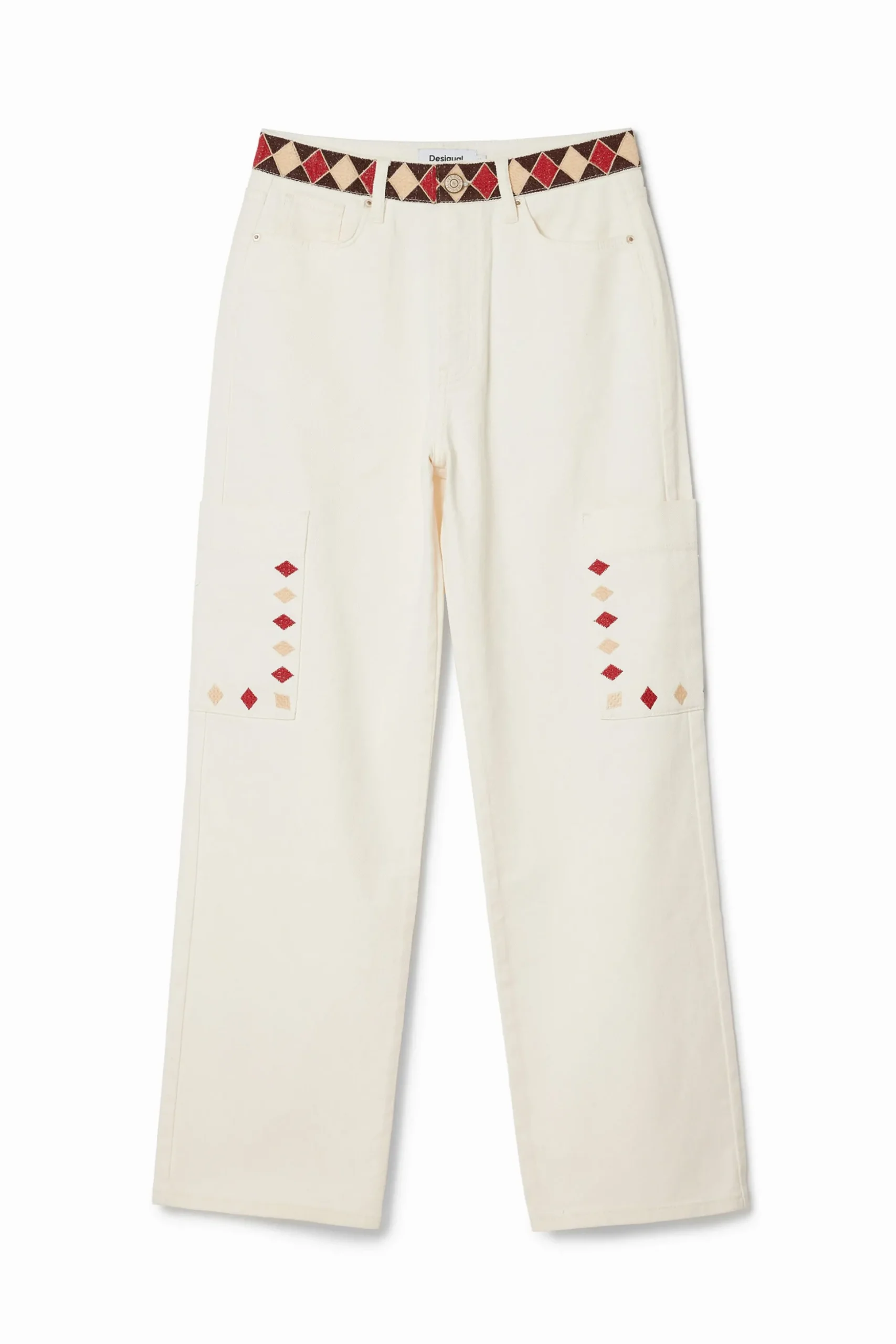 Pantalón denim cropped con bordes de rombos